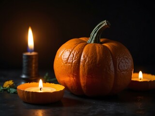 Glowing pumpkin with candles and marigolds on a dark background.