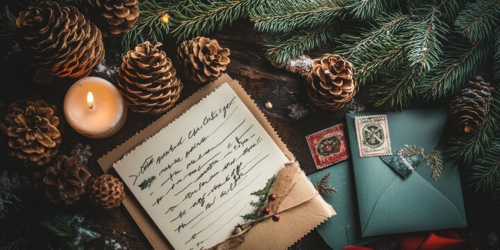 Flat lay of holiday stationery with pinecone embellishments, handwritten messages and festive stamps, cozy and creative