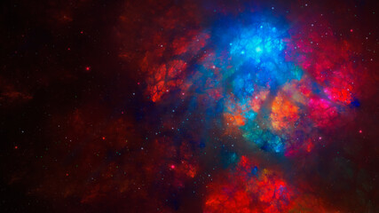 Space background. Colorful fractal red and blue nebula with star field. Digital painting