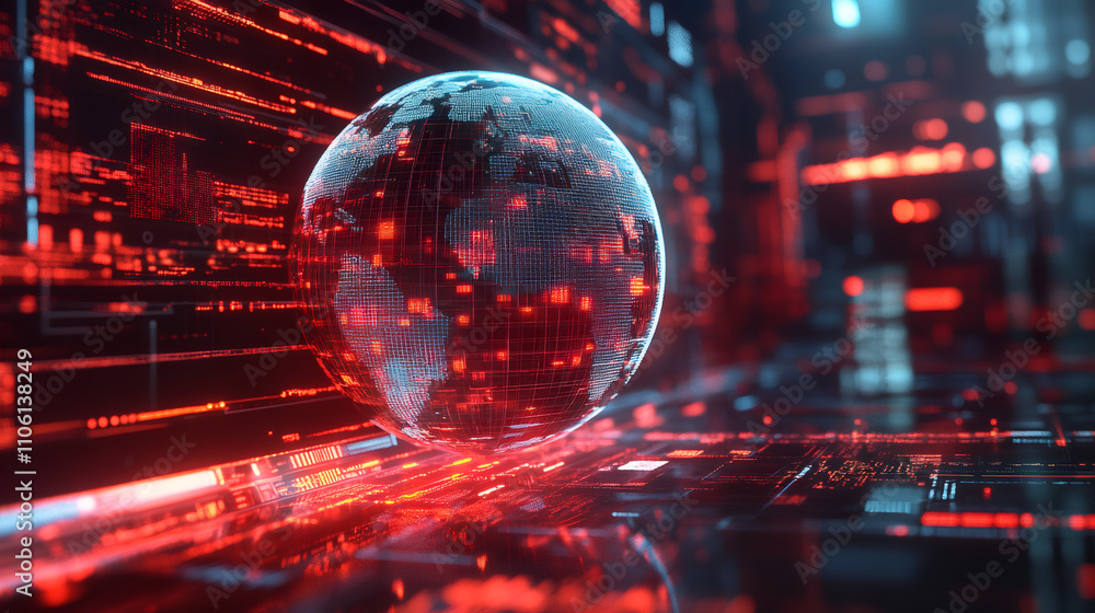 Poster digital revolution: global network and data exchange with code and data flowing across the world