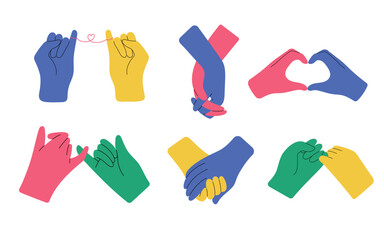 Set with colorful diverse hands holding each other, being in love or friends. Hand drawn set of vector illustrations, isolated on white