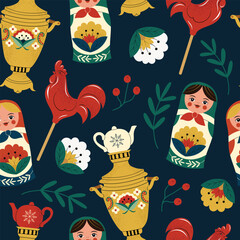 Seamless pattern with Russian symbols, samovar, matryoshka and rooster lollipop on the stick. Hand drawn vector illustration with blue background © Daria