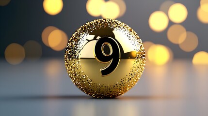 Gleaming Golden Lottery Ball with Vibrant Number 9 on Minimalist Background