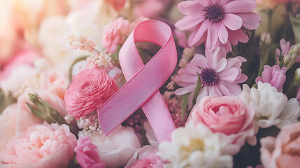 A pink ribbon, the universal symbol for breast cancer awareness, beautifully surrounded by a bouquet of vibrant flowers. Breast cancer awareness and support