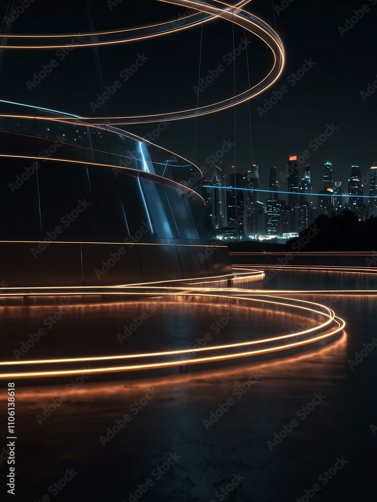 Poster glowing, round illuminated lines creating a futuristic panoramic view.