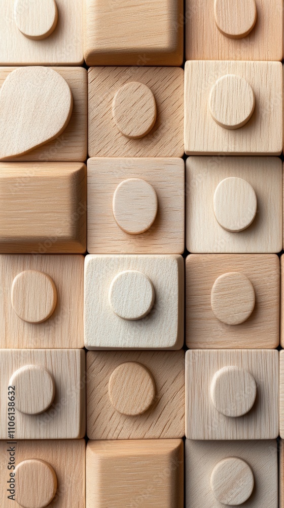 Poster wooden blocks with circular patterns create a textured, geometric design, ai