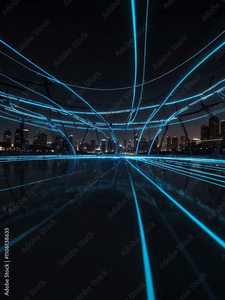 Poster glowing, round illuminated lines creating a futuristic panoramic view.