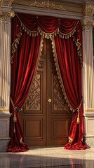 Vintage red velvet curtains with gold trim flowing in the wind outside an old mansion, old mansion, ornate details, vintage velvet curtains