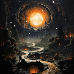 fantastic night landscape with a huge bright moon illuminating the path that winds through a dark and mysterious forest 