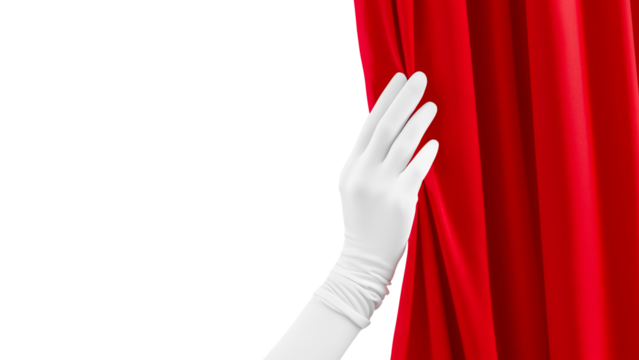 white gloved hand pulling red curtain for a reveal
