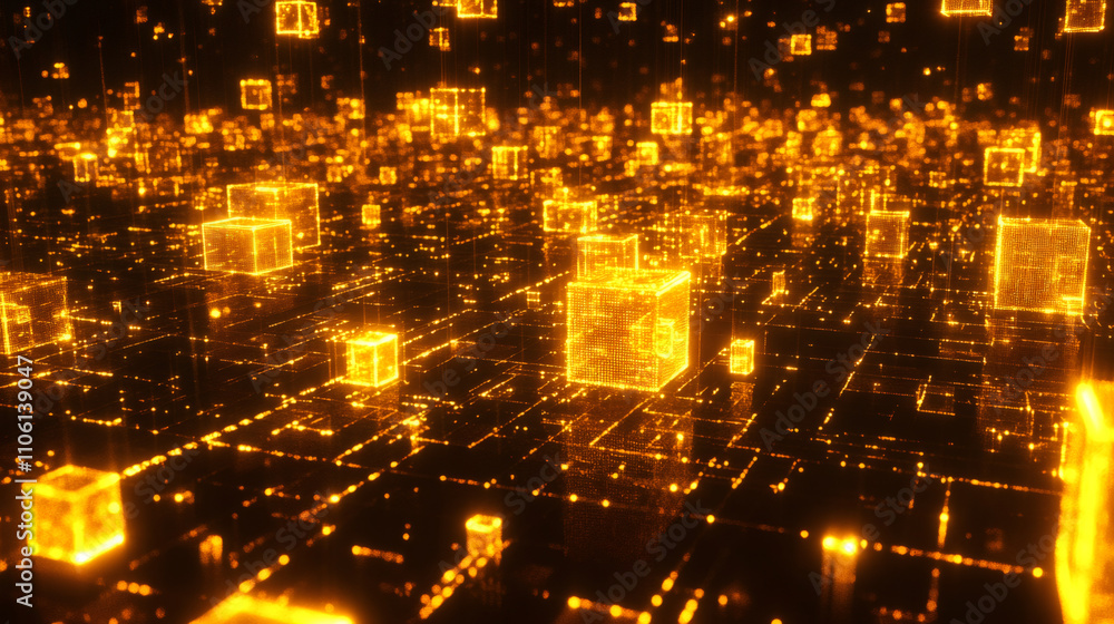 Aufkleber modern technology and information processing represented by glowing cubes floating over abstract dig