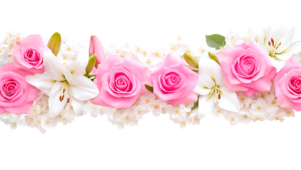 floral border with pink roses, white lilies, and cherry blossoms