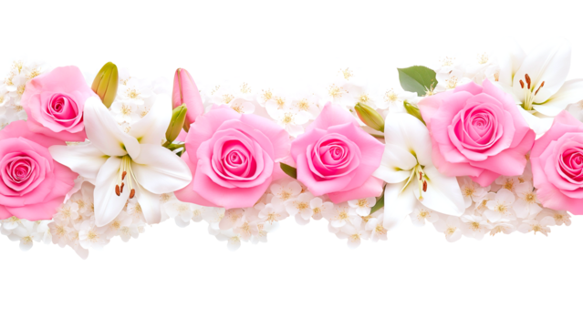 floral border with pink roses, white lilies, and cherry blossoms