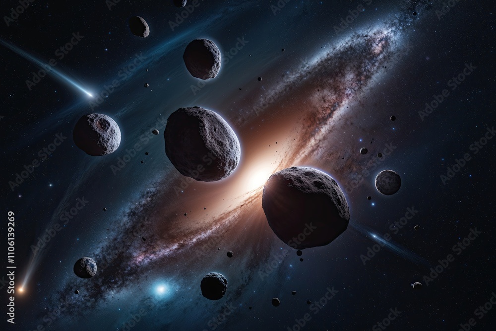 Poster asteroids and comets orbiting in cosmic space cluster