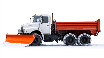 Snow Plow Truck. Working Pickup Truck Plowing Snow in Winter