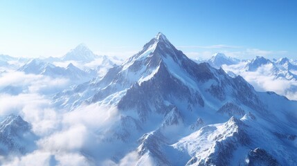 Obraz premium Majestic Snow-Covered Mountain Range with Clear Blue Sky and Rolling Clouds