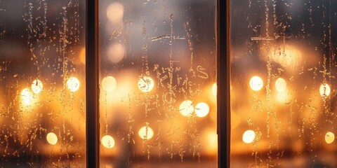 Frosted windows with festive messages written in condensation, warm golden lights in the background