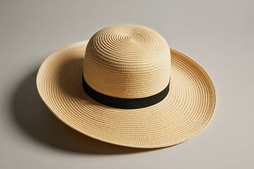 Contemporary Straw Sun Hat with Stylish Contrasting Band on Simple Background