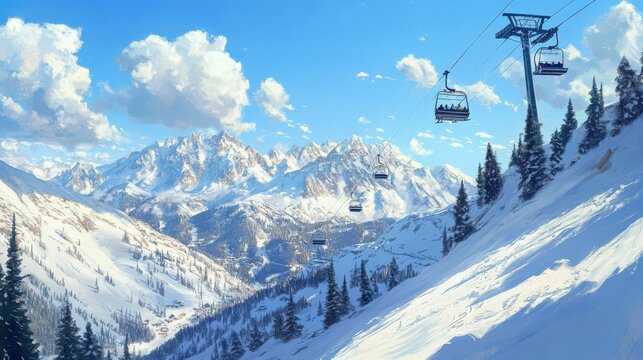Snowbird Ski Resort Offers Spectacular Active Alpine Backdrop with Chairlifts and Blue Skies