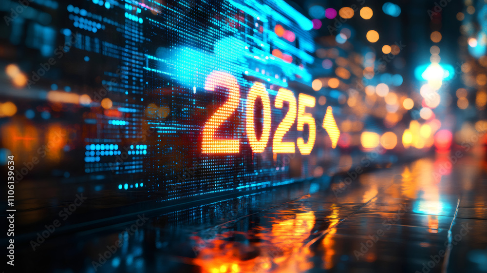 Poster futuristic 2025 display with glowing bokeh lights, hinting at technological progress and urban growt