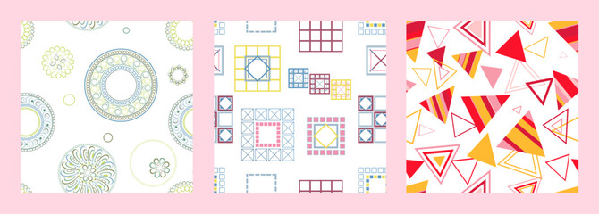 Seamless pattern of geometric shapes. Bright seamless pattern. Set of 3 patterns. Design for fabric, wallpaper, wrapping paper. Vector