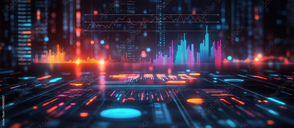 Poster abstract glowing futuristic digital background with colorful lines and graphs.