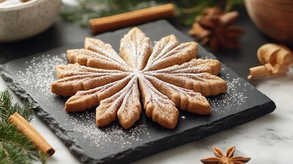 Gingersnaps arranged in a star shape on a slate serving tray, with cinnamon sticks and powdered sugar garnish