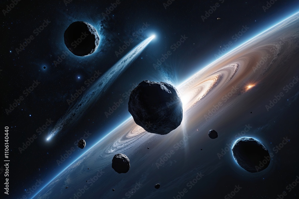 Poster exploring asteroids comets and meteorites in the cosmic expanse
