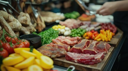 People group catering buffet food indoor in restaurant with meat colorful fruits and vegetables. world winning photo created by ai