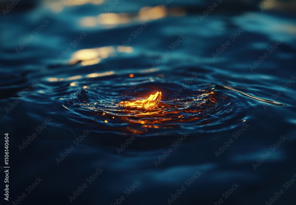 Poster A Glimmering Ember Floating on Still Water, Creating Ripples of Light in a Tranquil Environment, Capturing Nature's Serenity in a Mesmerizing Moment