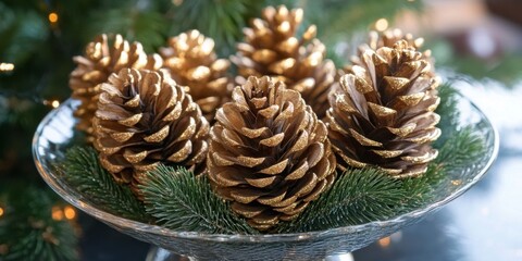 Golden pinecones displayed elegantly in a glass bowl, paired with festive greenery and shimmering accents