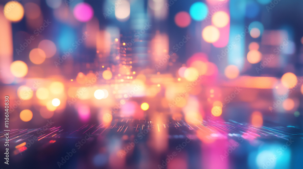 Poster futuristic cityscape ambiance created by colorful bokeh of city lights blending with digital lines a