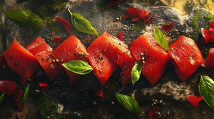 Sockeye Salmon Fillets: Fresh Raw Pacific Wild Catch on Natural Stone with Spices and Basil Leaves