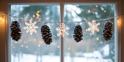 Handmade pinecone garland hanging above a window, complemented by snowflake decals and twinkling lights, enhancing the festive decor