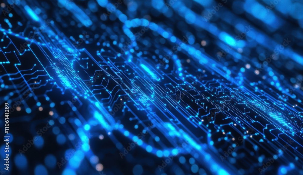 Poster abstract blue circuit pattern with glowing lines and dots representing technology and connectivity i