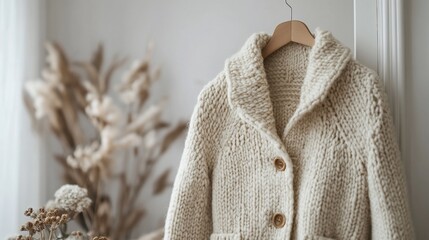 Cream chunky knit cardigan hanging on wooden hanger against white wall with dried flowers.