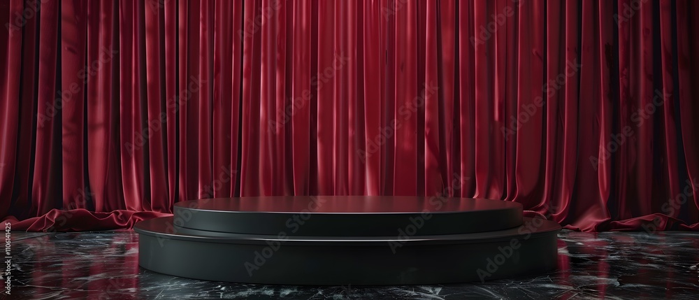 Poster elegant red curtain background with round stage and glossy floor for performance, presentation, or e