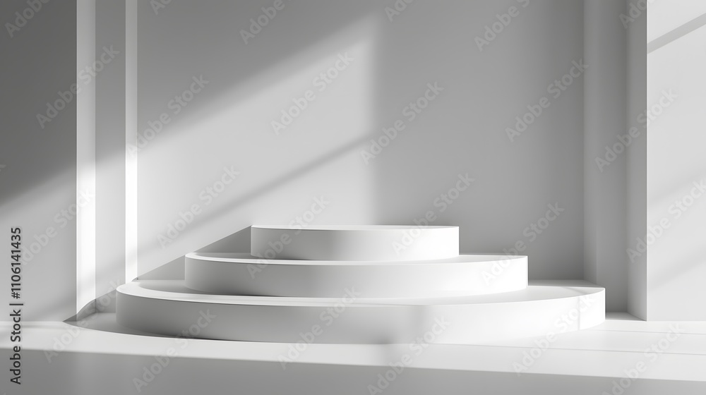 Poster Minimalistic White Podium with Soft Shadows in a Bright Indoor Space for Product Display and Photography Showcase