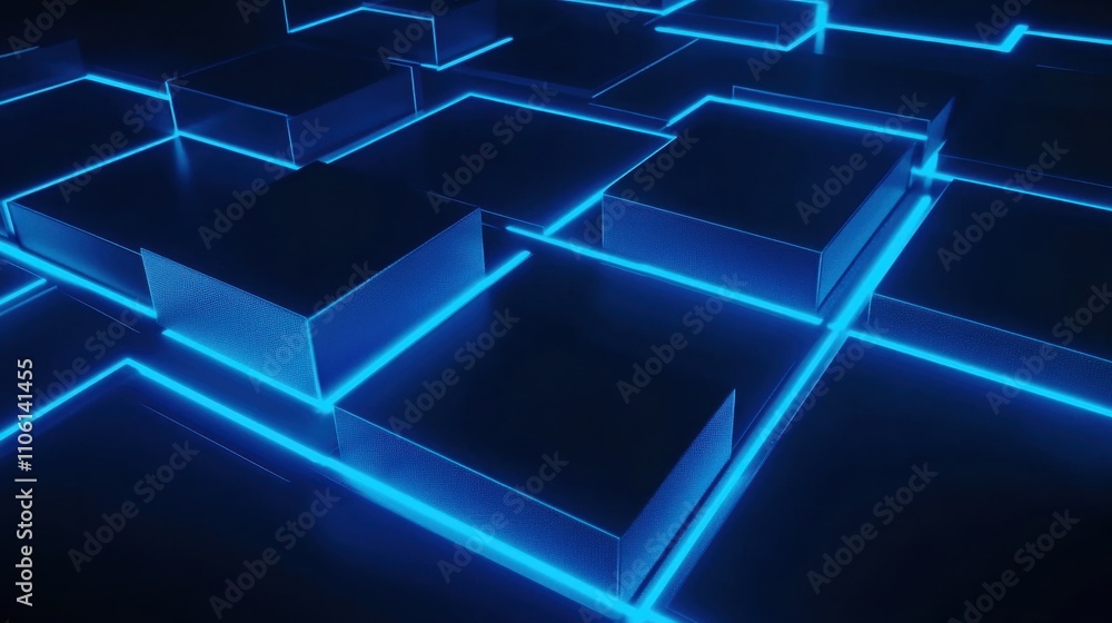 Poster abstract blue glowing circuit board design with glowing lines and shapes on dark background, represe