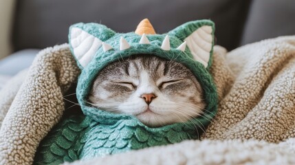 Naklejka na ściany i meble Cute cat in cozy dragon costume home pet photography indoor close-up adorable moments