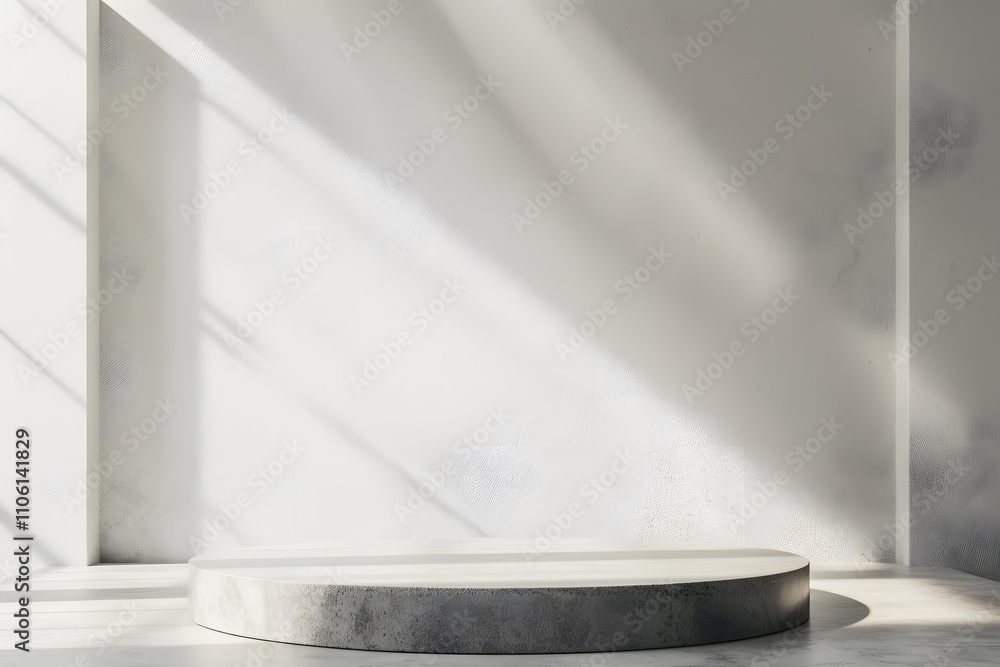 Poster minimalist interior design with a circular platform against a light wall and dramatic shadows for pr