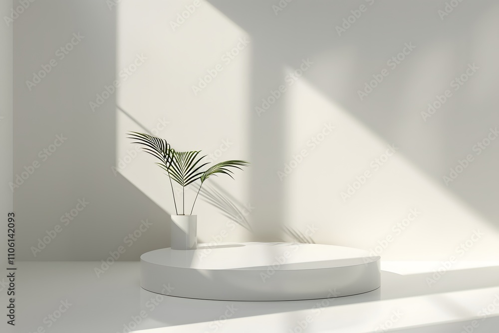 Poster minimalist interior design with a green plant on a white circular platform surrounded by soft light 