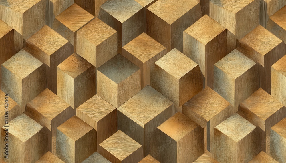 Poster abstract composition of three-dimensional wooden blocks with varying light and shadow, creating a vi