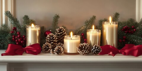 Holiday mantelpiece decorated with pinecones, red ribbons, and festive candles casting a warm golden glow