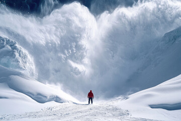 A solitary figure stands bravely against a vast, tumbling snow avalanche, embodying courage and adventure in the face of impending natural threats.
