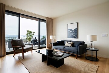 Japandi Minimalist Living Room Design Featuring Armchair and Black Coffee Table