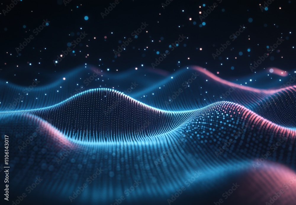 Poster abstract digital landscape with waves of glowing particles in blue and pink shades, creating a mesme