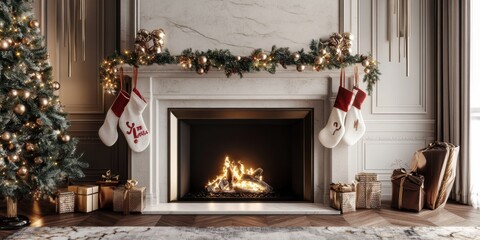 Luxurious fireplace adorned with garlands, stockings, and festive ornaments