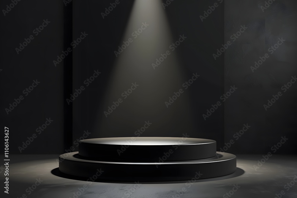 Poster dark minimalist stage with spotlight illuminating circular platform in empty modern gallery space fo