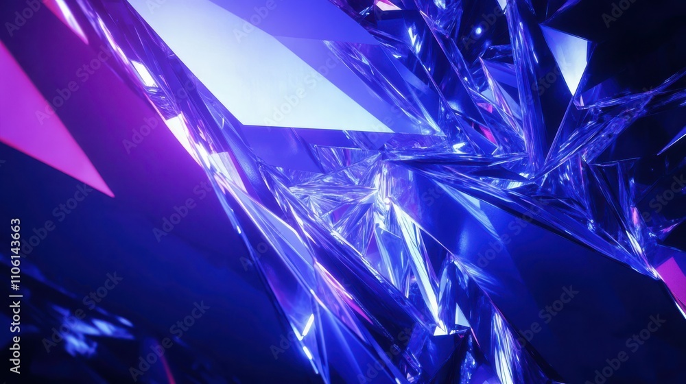 Poster abstract geometric background featuring vibrant triangular shapes with blue and purple hues, creatin